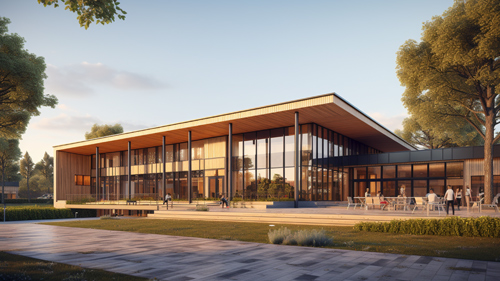 Modern Timber-Constructed Public Facility - Treated with SPFR100 Fire Retardant | Eco-Friendly and Safe Architectural Design | Aesthetically Pleasing Community Building with Enhanced Fire Safety